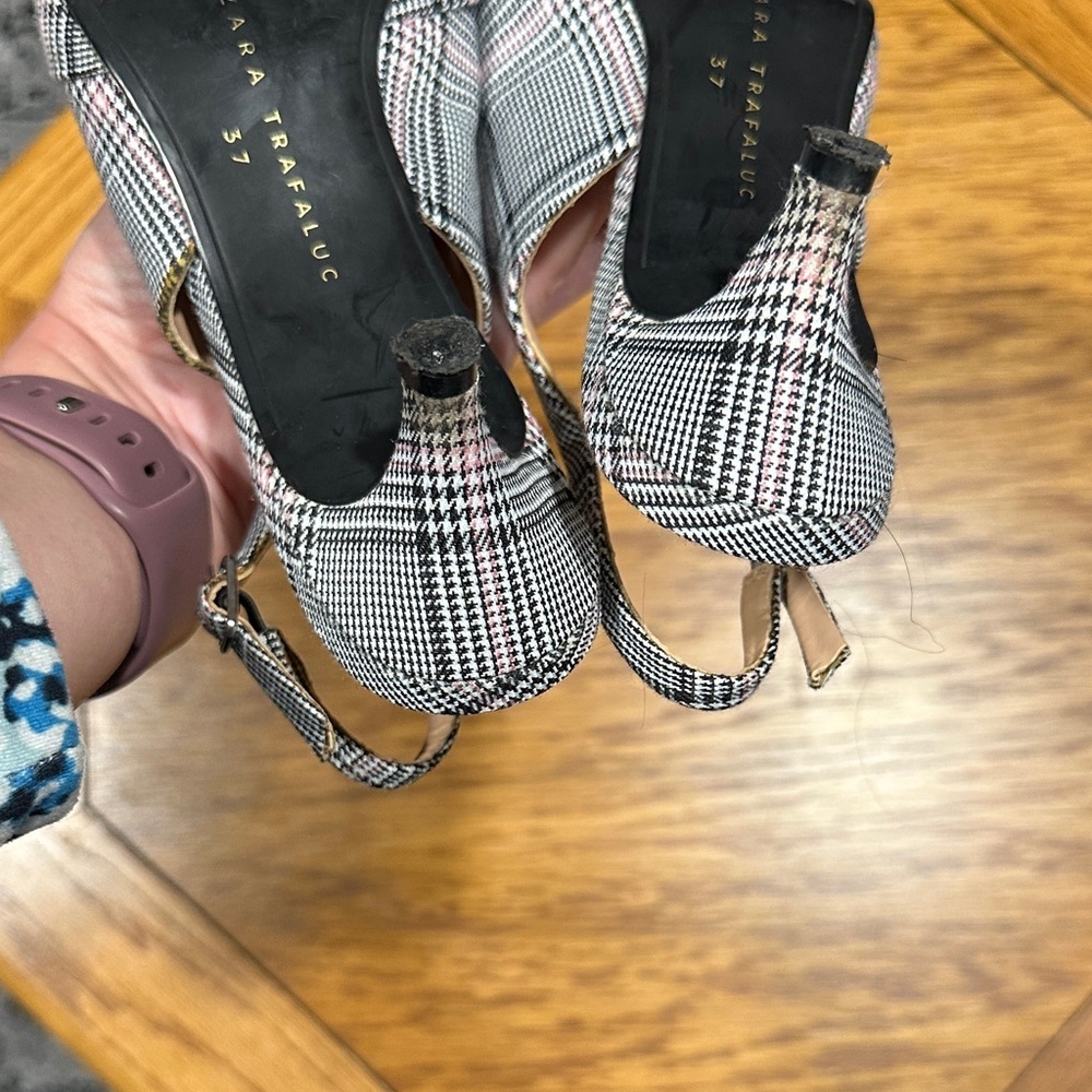 *ZARA* Trafaluc Black x White Plaid Slingback Kitten Heels Size 37 - Picture 5 of 11
